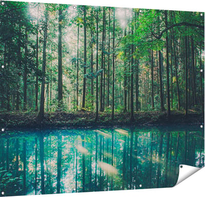 Gards Tuinposter Bos bij een Groen Meer - 150x120 cm - Tuindoek - Tuindecoratie - Wanddecoratie buiten - Tuinschilderij