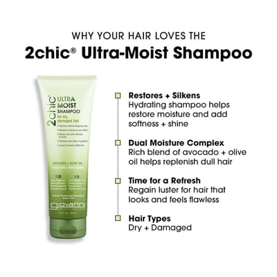 2Chic, Shampoing Ultra-Hydratant, Cheveux Secs & Abîmés, Avocat + Huile d'Olive, 250 ml (8,5 fl oz)