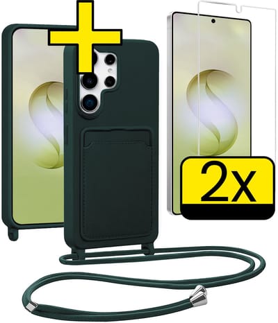Hoesje Geschikt voor Samsung S26 Ultra Hoesje Met Koord Met 2x Screenprotector Siliconen Case - Hoes Geschikt voor Samsung Galaxy S26 Ultra Backcover Met Afneembaar Koord - Donkergroen