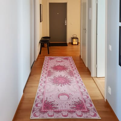 ABAKUHAUS Decoratief vloerkleed met zon en maan, hoogwaardig vloerkleed voor slaapkamer en woonkamer, 76x229 cm, magenta