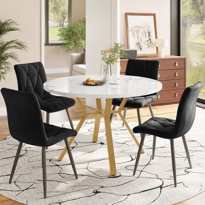 Eettafel- en stoeltjesset - 5-delig - ronde eettafel en 4 stoelen - gouden tafelpoten - zwarte eetstoelen