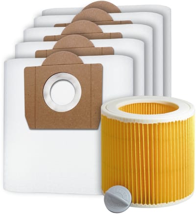 5x Dparts stofzuigerzakken en 1 filter - geschikt voor Karcher WD3 en MV3 series - met patroonfilter - nr. 6.959-130.0 - 69591300 - 6.414-552.0