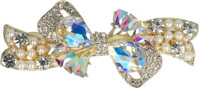 Haarsoires Haarspeld Patentspeld 6cm - Strik – Parelmoer Facetstenen – Zilver Crème - Haarspelden voor Dames - Haarklem - Haarclip - Haaraccessoires - Hair Clip - Decoratieve Haaraccessoire