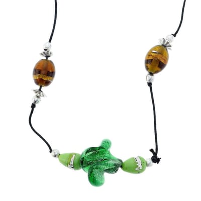Behave Lange ketting - Zwart touw met groene en bruine glaskralen