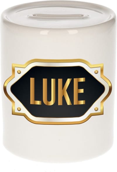 Spaarpot met voornaam Luke - wit - met goud/zwart embleem - 8 x 9 cm - keramiek - met afsluitdop - cadeau verjaardag