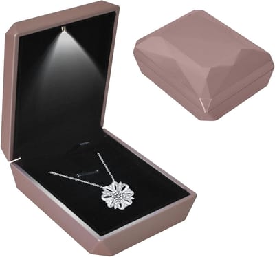 Elegante Sieradenbox met LED Verlichting voor Kettingen, Armbanden en Ringen - Perfect als Cadeau voor Verloving, Bruiloft of Valentijnsdag, Afmetingen 7 x 9 x 3.2 cm, Roze Goud