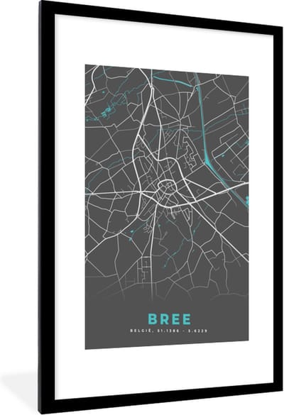 Fotolijst incl. Poster - Plattegrond – Bree – Blauw – Stadskaart - Kaart - België - 60x90 cm - Posterlijst