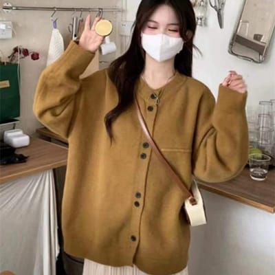 Botvotee Effen gebreid vest Dames Herfst Winter Vintag O-hals Oversized trui met lange mouwen Chique jas met knopen One Size