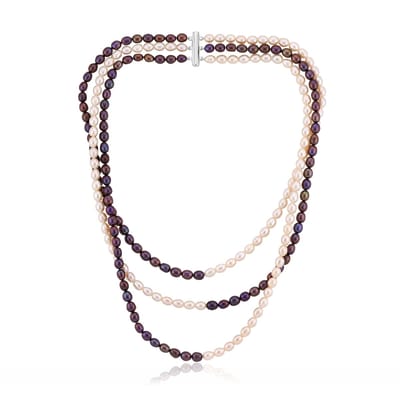 Cavill - Zilveren Parelhalsketting - 925 Sterling Zilver Gerhodineerd - Witte & Zwarte Zoetwaterkweekparels Fancy Slijpsel - Elegante Dames Sieraden