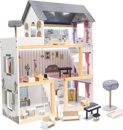 MDF houten poppenhuis + meubeltjes 78cm zwart LED