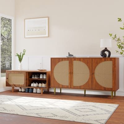 STILVORA Dressoirs - Opbergkast Met Rattan Details - Geschikt Voor Woonkamer En Gang - Hout - Walnootkleurig - 104x40x48 cm + 129.8x40x76 cm