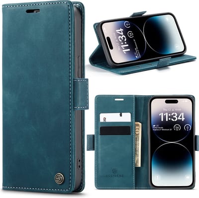Geschikt Voor iPhone 14 Pro Hoesje - Solidenz Urban Bookcase 14 Pro - Telefoonhoesje 14 Pro - 14 Pro Case Met Pasjeshouder - PU Leren Hoes - Draadloos Opladen - Blauw