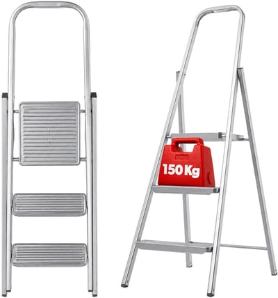KADAX Eenzijdige stalen ladder met antislipvoeten, trapladder, ladder met plank, trapladder, vouwladder, huishoudladder met brede treden (3 treden)