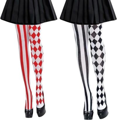 Zwarte en witte clowns tights voor dames met rode clown kousen en skeletprint panty voor carnaval en kostuumfeesten