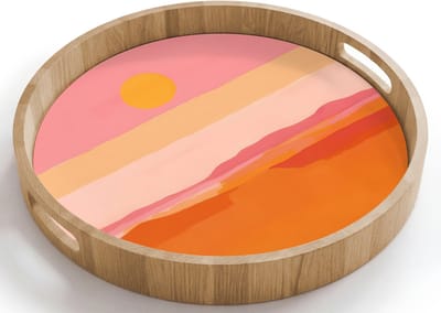 Dienblad rond 40x40 cm - Schootdienblad hout - Zon - Abstract - Landschap - Oranje - Borrelplank rechthoek - Plateau houten dienbladen