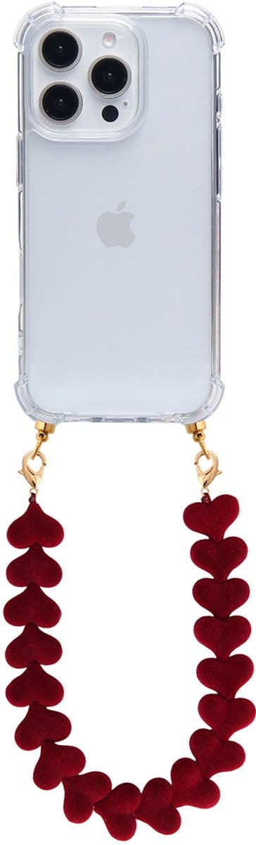 Casies hoesje geschikt voor iPhone 13 Mini met donkerrood velvet hartenkoord - Burgundy red hearts cord - Transparant telefoonhoesje