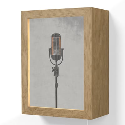 Wandlamp 15x20 cm - Oplaadbaar - Microfoon - Vintage - Illustratie - Grijs - Wandlampen binnen woonkamer - Slaapkamer lamp met kabel - Decoratieve nachtlamp - Vloerlamp snoer