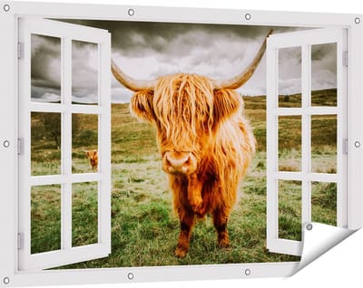 Gards Tuinposter Doorkijk Schotse Hooglanders in de Weide met Wolken - 120x80 cm - Tuindoek - Tuindecoratie - Wanddecoratie buiten - Tuinschilderij