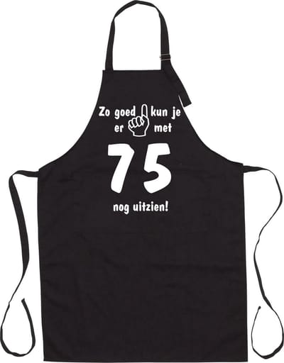 Mijncadeautje - Luxe Keukenschort - Zo goed kun je er uitzien 75 jaar - Unisex - Zwart - Leeftijd