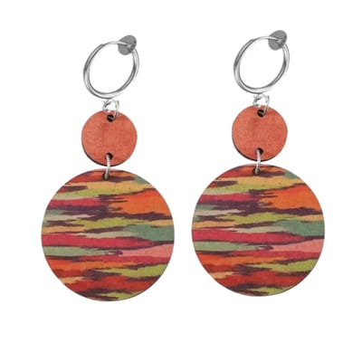 Klem oorbellen- hout -oranje- streep-geen gaatje-Charme Bijoux