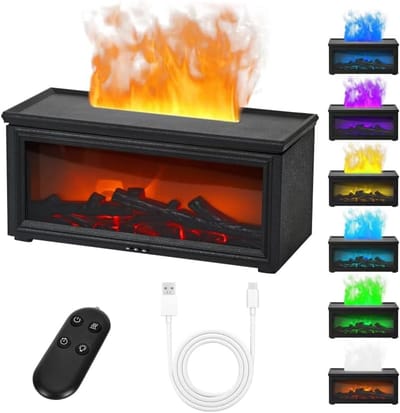 Luchtbevochtigers - Essentiële olie diffuser met vlam en LED-schoorsteen, 280 ml aromatherapie diffuser met afstandsbediening, ultrasone diffuser met 7-kleurig vlamlicht, Slimme timing voor decoratieve slaapkamer of kantoor - Cyslmuk®