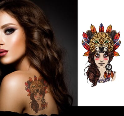 Temporary Tattoo Vrouw met Panter en Veren (A5 formaat) [Neptattoo - Tijdelijke tatoeage - Nep Fake Tattoos - Water Overdraagbare Sticker Henna - Glitter Tattoo Set - Plak Tattoos - Nep Tatoeage - Festival Tattoes]