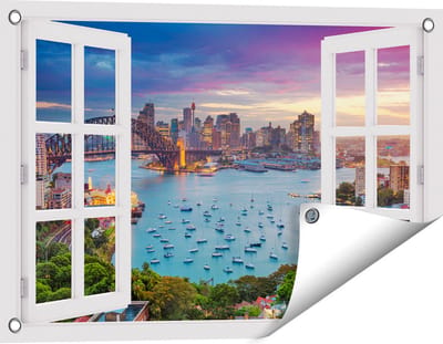 Gards Tuinposter Doorkijk Sydney Harbour Bridge in de Avond - 60x40 cm - Tuindoek - Tuindecoratie - Wanddecoratie buiten - Tuinschilderij