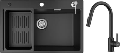 CECIPA max Granieten Spoelbak Keuken 70x45cm Zwart - Grantien Spoelbakken met Lage druk Keukenkraan Met Uittrekbare Uitloop - Enkele spoelbak met afdruiprek -Spoelbakken met Afdruip