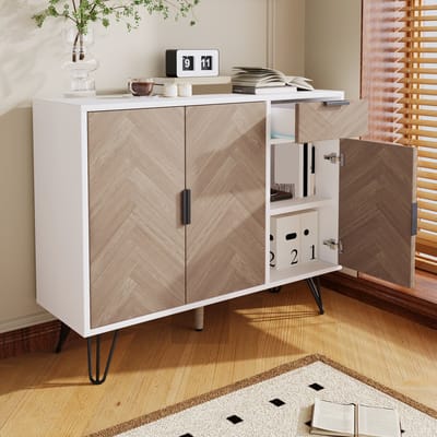 DESMIU Opbergkast – Modern Design Met Lade En Verstelbare Planken – 3 Deuren Voor Woonkamer En Hal – MDF En Spaanplaat – 90x30x71,5 Cm – Wit Houtkleur