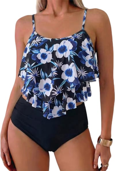 Dames Bikini met Hoge Taille – Buikverhullende en Slankmakende Bikini Set, Corrigerende Zwemkleding - Blauwe en witte bloemen - Maat S