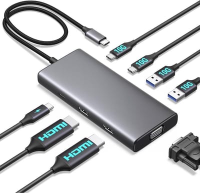 StayPowered Triple Display Docking Station - Optimaliseer je werkplek met 3 Schermen - 2 HDMI & 1 VGA Poort - 4 USB 3.2 Poorten - 100W PD Snellader - Supersnelle Gegevensoverdracht - Brede Compatibiliteit - Zwart - Levering Sneller dan Aangegeven!