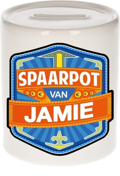Bellatio Decorations Kinder spaarpot met naam - Jamie - keramiek - met dop - wit - Sparen - Spaargeld van Jamie