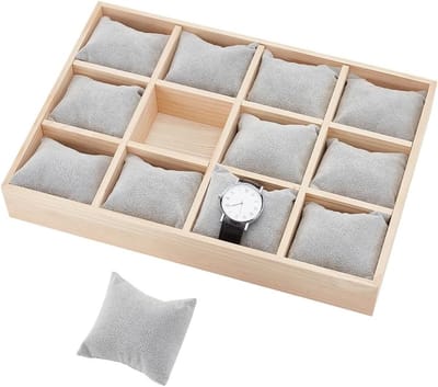 Houten Horloge Organizer met 12 Slots, Verwijderbare Velvet Kussens, Stapelbare Sieraden Box voor Horloges en Armbanden, Grijs