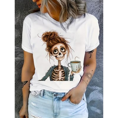 Modieus dames T-shirt met strik en doodskop 3D-print, comfortabele halslijn, korte mouwen, casual zomer T-shirt voor dames. 4XL gray