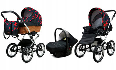 BabyLux® Kinderwagen 3in1 - CLASSIC EXCLUSIVE - RED BOW SILVER FRAME - Opklapbare Wandelwagen incl. Reiswieg, Multifunctionele Buggy Sportstoel, Autostoel - Combi-kinderwagen met Luiertas, Regenhoes, Klamboe, Bekerhouder, etc.