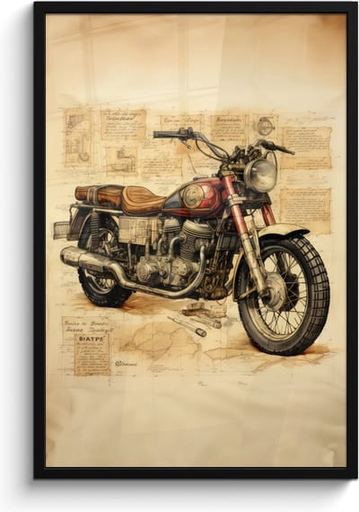 Poster in lijst - Fotolijst 60x90 cm - Posters - Vintage - Motor - Papier - Voertuig - Posterlijst zwart - Decoratie - Wanddecoratie woonkamer - Muurdecoratie slaapkamer