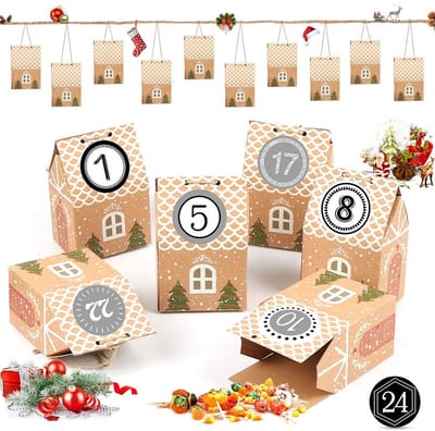 Dailygoods- Adventskalender 2025 - 24 Dozen om te Vullen - DIY Knutseldozen - Herbruikbaar - Premium Papier - Schattige Huisjes - Kalenderdozen