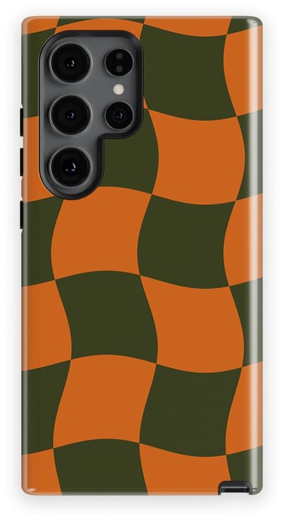 Checkered Warp Hoesje Samsung Galaxy S24 Ultra | Geschikt Voor Mag | Uniek Design Hoesje | Beschermhoes Samsung Galaxy S24 Ultra Pumpkin Pulse