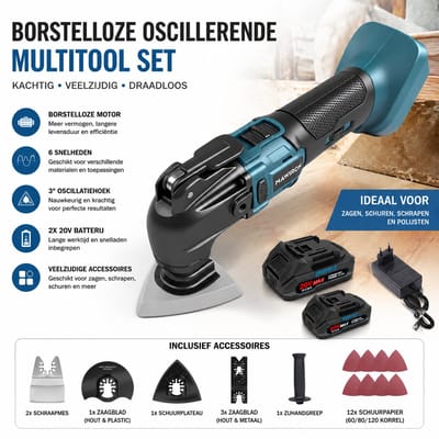 Borstelloze Oscillatie Multitool / Oscillerende Zaag / Schuurmachine – 20V 1.5Ah (2 accu's + lader) – Met 8 accessoires: zagen, schrapers, schuurvellen & schijven – Voor schuren, zagen, schrapen & snijden – Incl. opbergtas