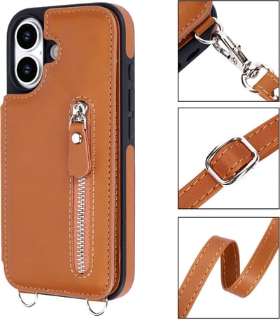 Casemania Hoesje Geschikt voor Apple iPhone 17 - Bruin - Luxe Back Cover met Koord en Rits - Wallet Case met Pasjeshouder - Lanyard Telefoonhoes - Cord Case