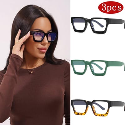 3 pièces Cadre Carré Vintage Designer Grande Monture Lunettes de Décoration Miroir Plat Lunettes Anti-lumière Bleue Européennes et Américaines Qualité Professionnelle black