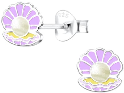 Joy|S - Zilveren schelp met pareltje oorbellen - kinderoorbellen - paars - 7 mm