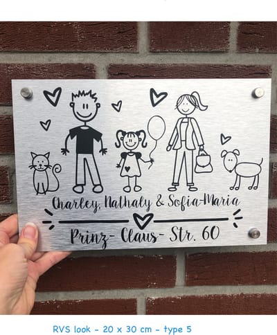 Naambord Familie - 20 cm x 30 cm - RVS look - kies zelf je figuurtjes - compleet pakket