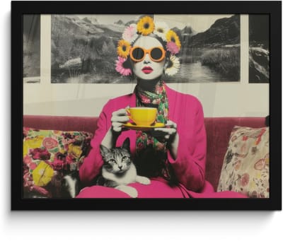Poster in lijst - Fotolijst 40x30 cm - Posters - Vrouw - Kat - Bloemen - Kopje - Retro - Posterlijst zwart - Decoratie - Wanddecoratie woonkamer - Muurdecoratie slaapkamer