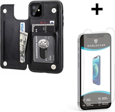 ShieldCase Wallet case geschikt voor Apple iPhone 12 Mini - 5.4 inch - ruimte voor pasjes - pasjeshouder - portemonnee - zwart + glazen Screen Protector