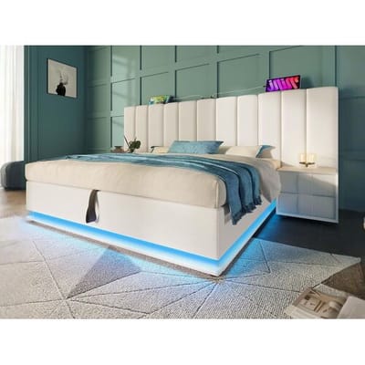 ModernLuxe Gestoffeerd opbergbed in kunstleer 160×200cm - met LED en opladen - met lattenbodem - Wit