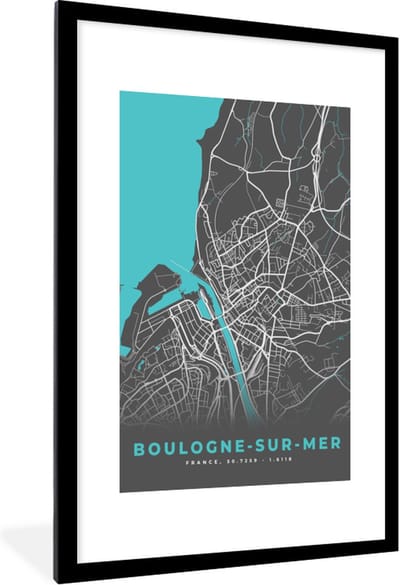 Fotolijst incl. Poster - Frankrijk - Boulogne-sur-Mer - Stadskaart - Kaart - Plattegrond - 80x120 cm - Posterlijst
