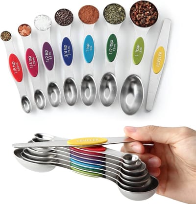 Famanu - Maatlepel en maatbeker set 9-delig RVS, magnetische maatlepels dubbelzijdig met schaalverdeling, voor kruidenpotjes en vloeistoffen