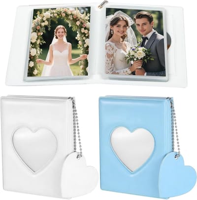 Set van 2 Mini Insertion Albums met 36 Compartimenten voor Foto's en ID Kaarten - Hartvormige Compacte Foto Binder van 7,5 cm in Wit en Blauw