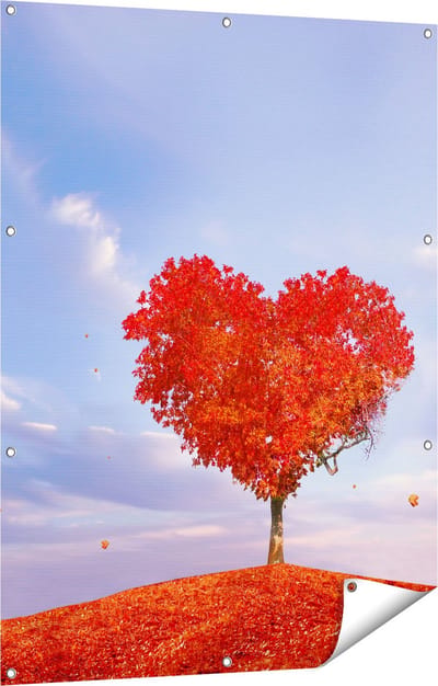 Gards Tuinposter Rode Liefde Boom in een Hart Vorm - 90x120 cm - Tuindoek - Tuindecoratie - Wanddecoratie buiten - Tuinschilderij